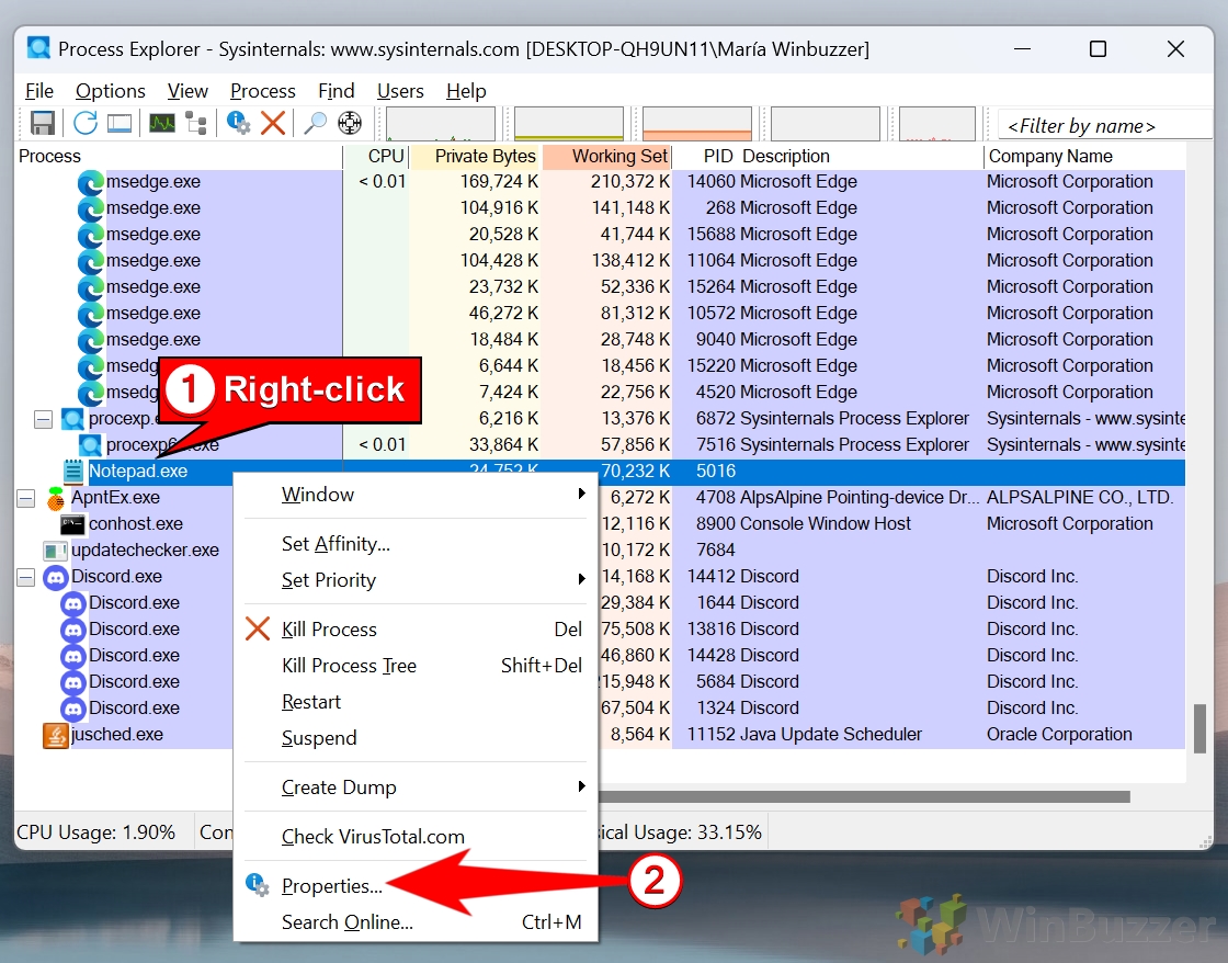 01.4 Windows 11 - Procexp.exe - Find Window´s Process Symbol - Drag & Drop on Window - Properties