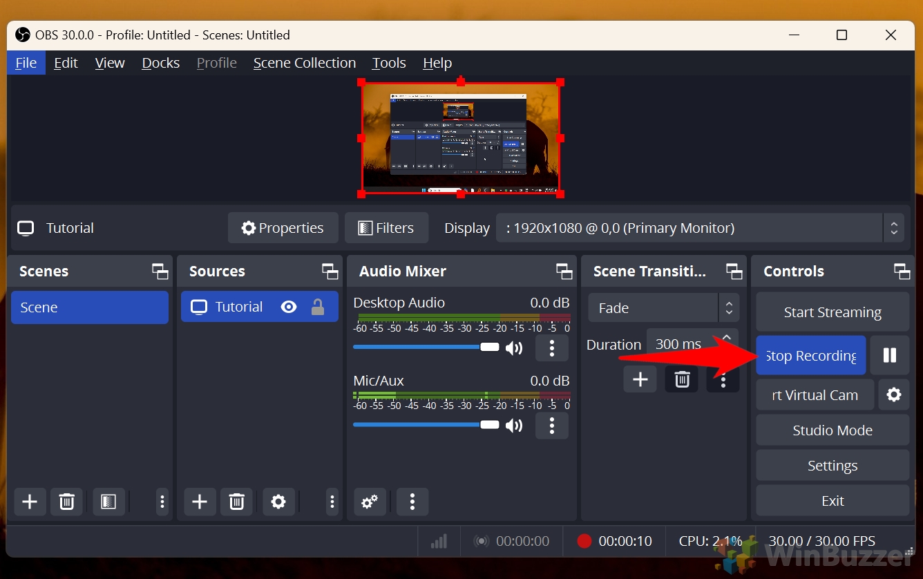 06.7 Windows 11 - OBS - Display Capture - Properties - Start Recording - Stop Recording