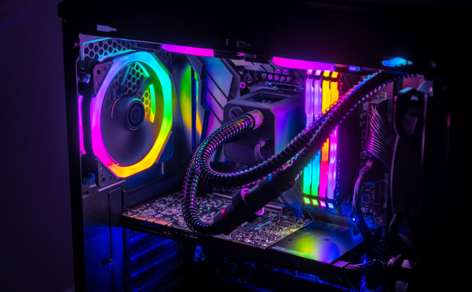 Gaming PC with RGB LED lights on a computer, assembled with hardware components