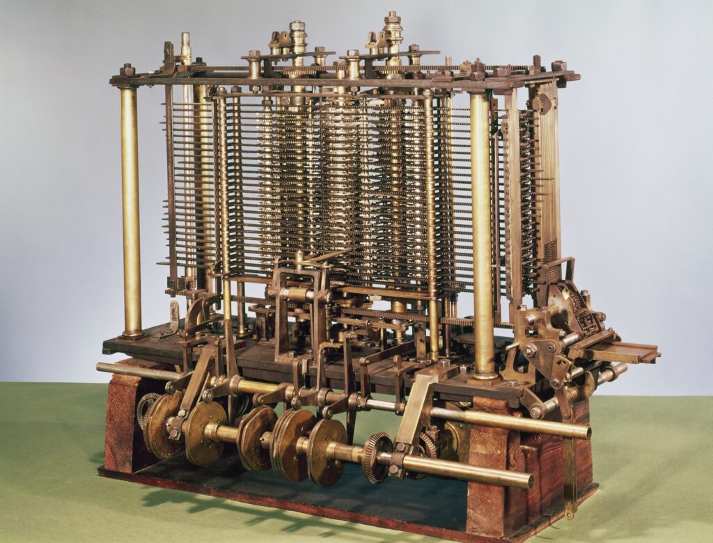 A model of Charles Babbage's Analytical Engine, a calculating machine invented in 1837 but never built during Babbage's lifetime.