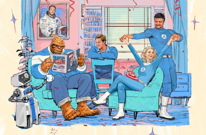 The Fantastic Four sit together in a living room in First Steps concept art.