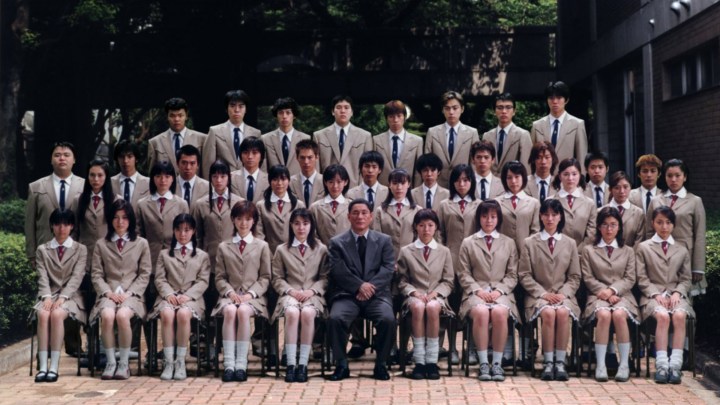 The cast of "Battle Royale" assemble for a photo.