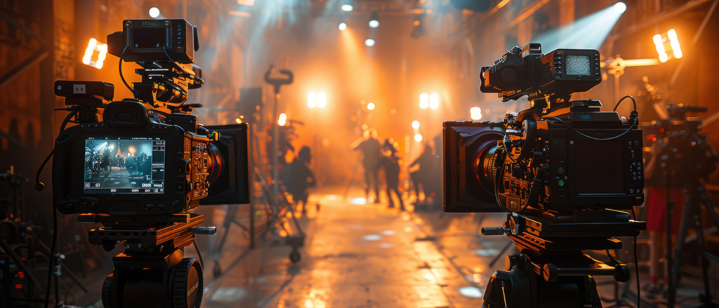 Film production set with two professional cameras in the foreground capturing a scene, illuminated by bright studio lights and a blurred crew working in the background. 