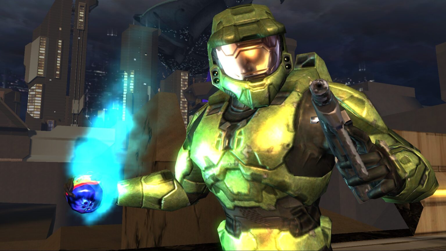 Master Chief holding a gun and a flaming grenade with a city behind him.