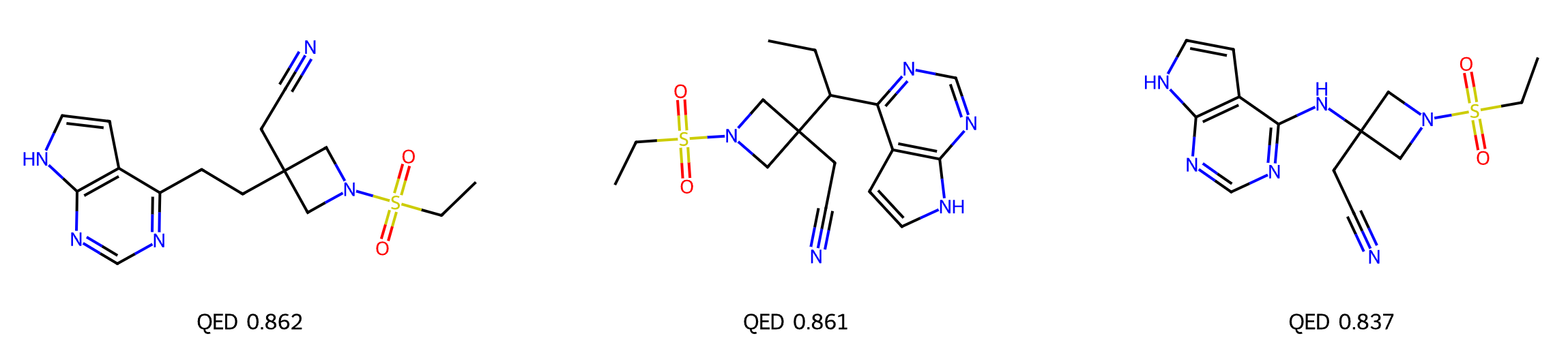 The diagram shows three example molecules with QED values generated by GenMol using a mask. 