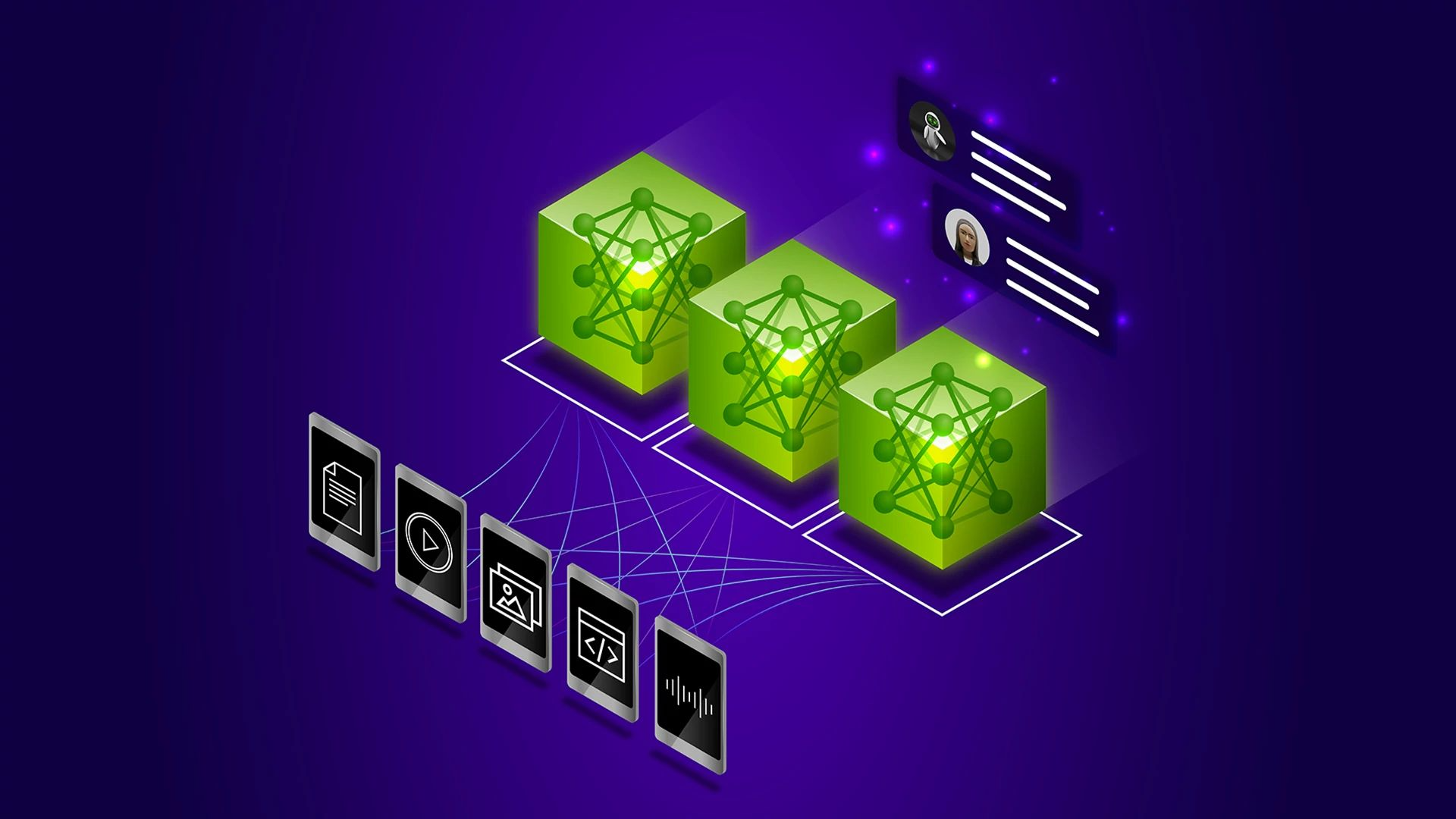 The image showcases the integration of multimodal inputs being processed by neural networks that enhance RAG system outputs.
