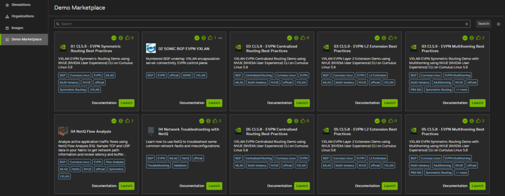 A screenshot shows several demos available to launch copies of in the NVIDIA Air Demo Marketplace.