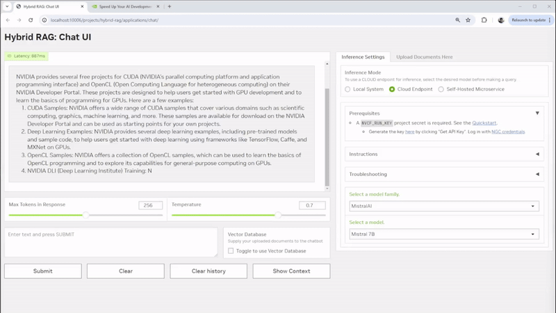GIF of a chatbot built using NVIDIA AI Workbench Hybrid RAG Project. 
