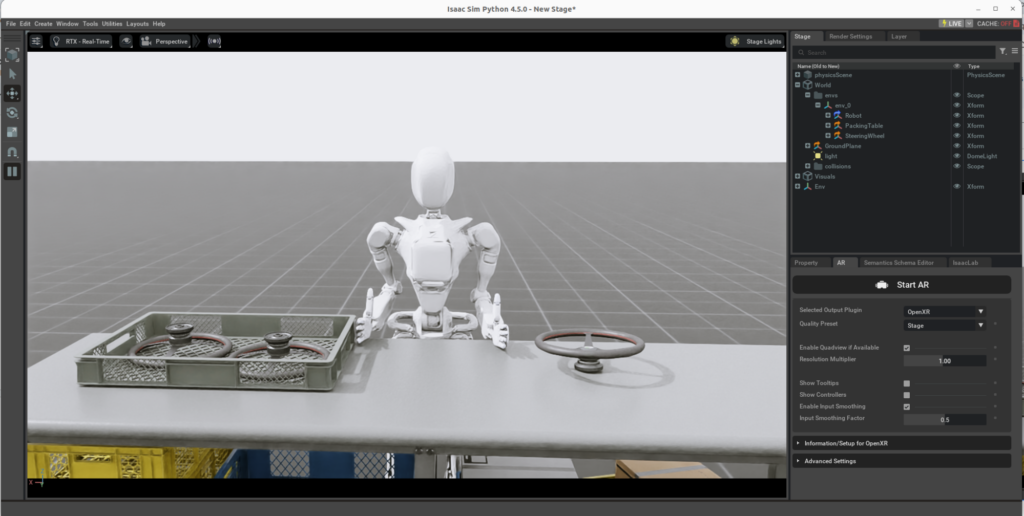 An image shows a robot standing next to a table in a simulated environment.