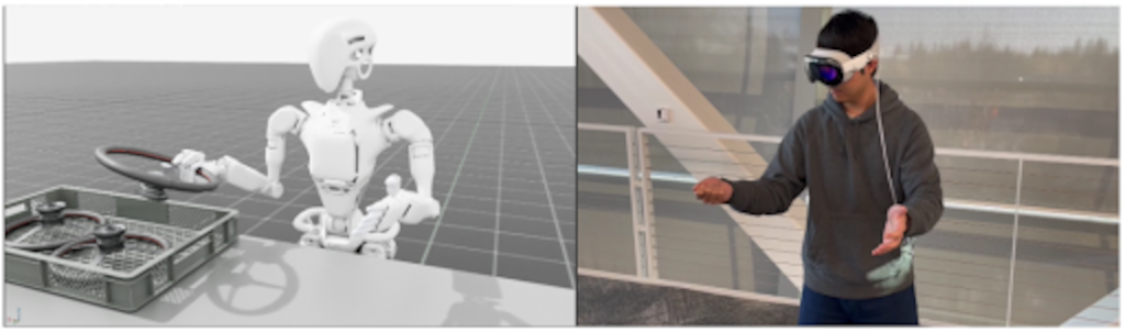 Two images show a human using an Apple Vision Pro and a robot in a simulated environment mimicking the human’s actions.