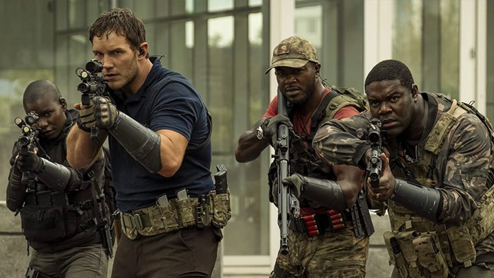 Chris Pratt leading other soldiers into battle with guns in The Tomorrow War.